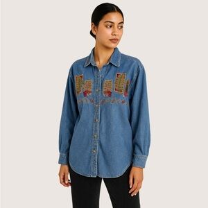 Cabin Creek Womens Denim Embroidered Leaf Shirt Blue Button Up XL‎ Fall Vintage
